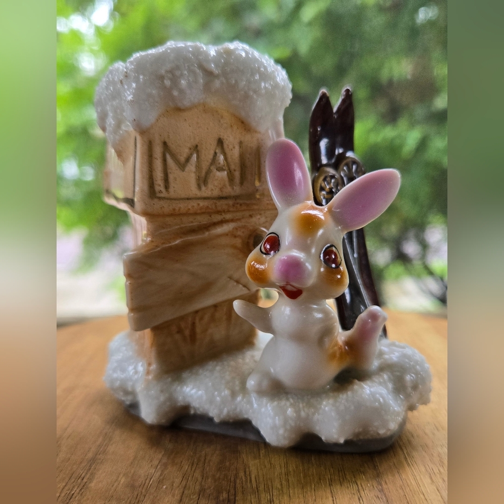 Vintage Figurine Rabbit w/ Mailbox, Skis, Sugar Texture Snow Japan Christmas